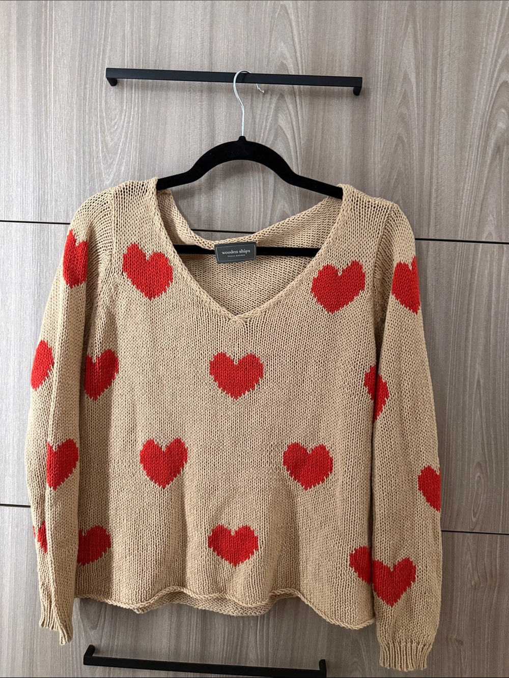 Wooden Ships Tan V-Neck Sweater with Red Heart Motif